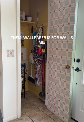 The pantry door & light switch look so perfectly cottage core now! The way I’m obsessed with this wallpaper though 🍉🍑🍇 the best addition to my kitchen! #wallpaper #wallpaperideas #cottagecore #cottagecoreaesthetic #whimsicalaesthetic