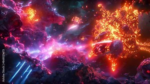 Bright colors show futuristic ships in a fiery interstellar war