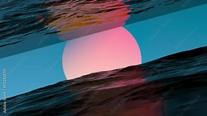 Fantastic landscape of a planet on the horizon of waves with reflection. Red-orange planet on ocean horizon at dusk,Sci-Fi, animation.3D render