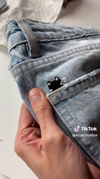 My new favourite jeans 🤍 #diy #embroidery #patch #cat #jeans #sewing #kitty #kawaii #cute #tutorial