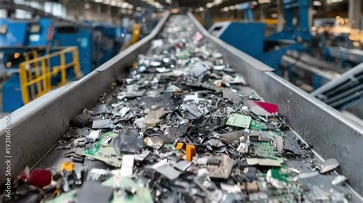Medium shot of automated conveyor belt system at electronic waste plant separating different types of materials for specialized recycling processes.