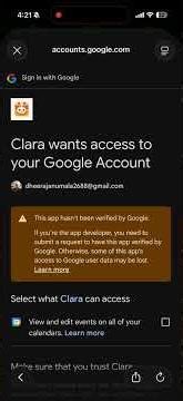 My Clara iOS app google calendar sync.