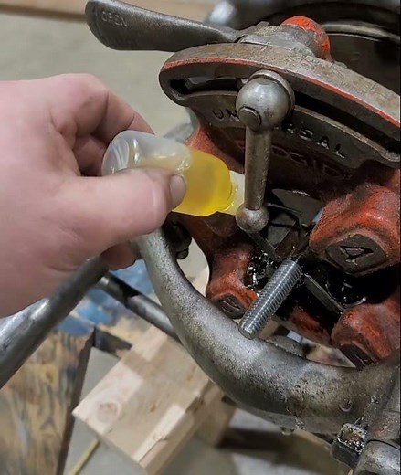 Threading some tension rods on the Ridgid 300. 1/2"-13 Bolt Dies in the head.