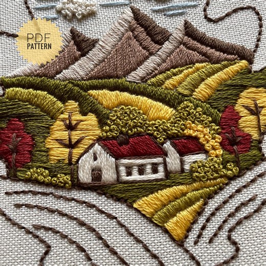 Autumn Landscape Mountains and Village Embroidery Pattern, Colorful Oak Leaf Design 6" - Etsy Australia