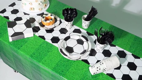 Oudain 162 Pcs Soccer Party Supplies Tableware Set Include Plates, Cups, Napkins, Tablecloth, Forks, Spoons, Knives Disposable Dinnerware Decorations for Soccer Theme Birthday Dinner Home Party