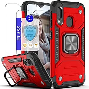 Galaxy A20E Case, A10E case，Samsung A10E Case with Tempered Glass Screen Protector [2 Pack],YmhxcY Armor Grade Case with Rotating Holder Kickstand Non-Slip Hybrid Rugged Case for Galaxy A20E-KJ Red