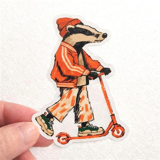 Badger on Scooter Vinyl Sticker - 8cm Waterproof Glossy Decal - Cool Animal Illustration - Laptop & Water Bottle Sticker - Skater Gift UK - Etsy