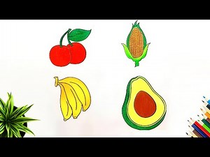 Easy Fruit Drawings | Cherry, Banana, Corn & Avocado Drawing Step by Step 🍒🌽🥑🍌