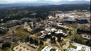 Cinematic drone footage, development of the new campus at the Microsoft Corporate Headquarters, Microsoft Commons, Microsoft Studio in Overlake and Redmond, Washington, near Bellevue, Seattle