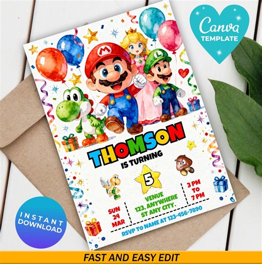 Super Mario Birthday Invitation, Editable Mario Watercolor Invite, Canva Template, Boys Gaming Party card, Watercolor Mario birthday invite