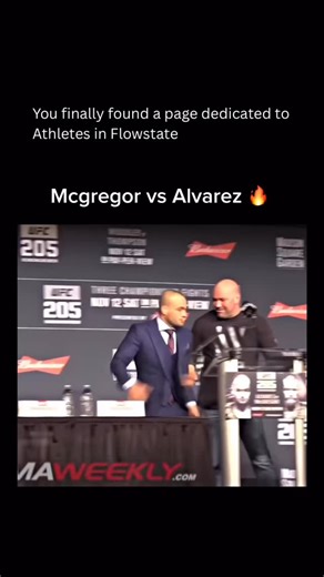 Athletes in Flow State on Instagram: "Before their UFC 205 clash, Conor McGregor and Eddie Alvarez met on stage in New York for a heated press conference moment. Tension exploded when McGregor shoved Alvarez during faceoff chaos, instantly setting the tone. It wasn’t violence, it was psychological warfare before history inside the lightweight title spotlight era. Days later, the fight delivered exactly that energy. McGregor dismantled Alvarez with precision striking, becoming the first UFC fight