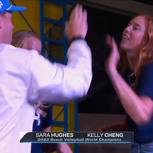 2023 Beach Volleyball World Champions Sara Hughes and Kelly Cheng up on the energy stage to kick things off on Sunday Night Football on NBC. | NBC Olympics & Paralympics