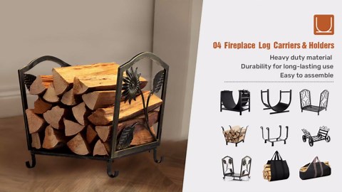 DOEWORKS Indoor Firewood Rack 18 Inch Fireplace Log Holder with Canvas Carrier