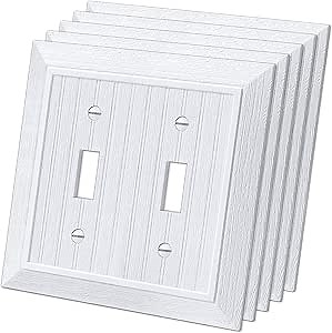 (5 Pack) CML Classic Toggle Light Switch Wall Plate, 2-Gang Beadboard Outlet Covers, Vintage Retro Wood Grain Design, Standard Size 4.95”X 4.87”, Impact Resistant, White