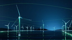 Concept: Futurustic Vizualization of Offshore Wind Farm Produces Clean Energy In Absract Digital Environment