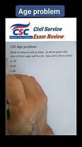 Age problem / civil service exam / civil service exam reviewer #civilserviceexam2024 #civilserviceexam #mathematics #NAPOLCOM2024 #QuizChallenge #CivilServiceExamination #cse2024 #reelsvideoシ | Arturo Infornon Malag Jr.