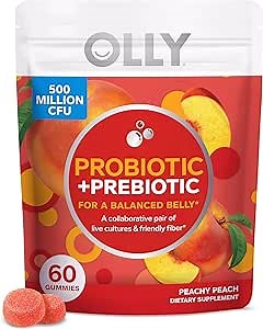 OLLY Probiotic + Prebiotic Gummy, Digestive Support and Gut Health, 500 Million CFUs, Fiber, Adult Chewable Supplement, Peach, Case Pack