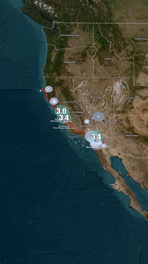 Three light earthquakes struck along the San Andreas Fault on January 15. A magnitude 3.0 hit near Livermore early in the morning, followed 11 hours later by a magnitude 3.4 near Salinas. Two hours after that, a magnitude 3.4 struck near Desert Hot Springs, California. Overall earthquake activity remains above the 24-hour average. #earth44 #earthquake #earthquakes #california #unitedstates #fyp #viral #trending | Earth44