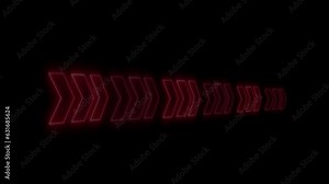 Red neon right arrow. bright material. Bright flashing arrows on black background. Video footage of glowing right neon red arrows looped neon lines abstract 4K