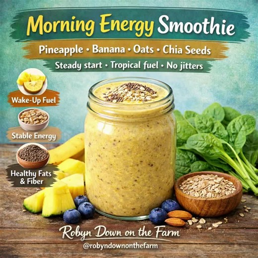 ☀️ Morning Energy Smoothie (Pineapple • Banana • Oats • Chia Seeds) A gentle morning energy boost without the jitters ☀️🥤 This smoothie gives you steady fuel, happy digestion, and a bright start to the day. Great for early mornings, busy schedules, or when coffee feels like too much. — Robyn Down on the Farm #MorningSmoothie #NaturalEnergy #HealthyBreakfast #PlantBased #GlutenFreeLife ☀️ Morning Energy Smoothie Pineapple • Banana • Oats • Chia Seeds Ingredients \t•\t¾ cup frozen pineapple \t•\t