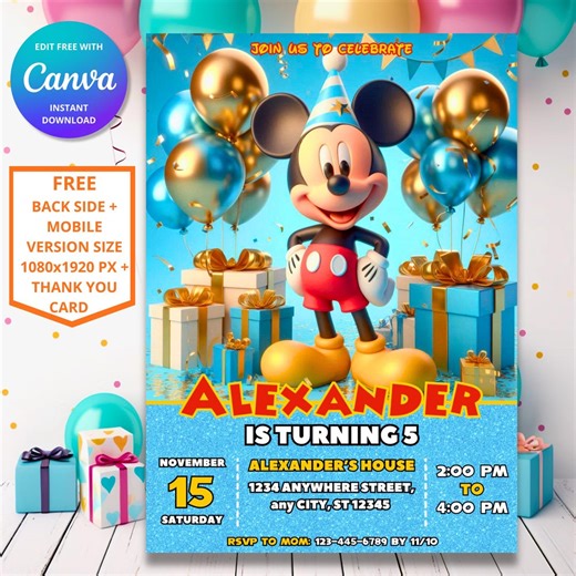 Mickey Mouse Birthday Invitation | Boys Party Invite (digital Download) - Etsy