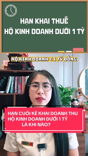 Trả lời @Trần Trung Dũng ✅ HẠN KÊ KHAI THUẾ HỘ KINH DOANH DƯỚI 1 TỶ Kê khai doanh thu trước 31/7/2026 hay 31/1/2027? Hạn chót kê khai doanh thu là khi nào? 🚨 Đừng nhầm hạn kê khai doanh thu năm 2026! Nhiều hộ kinh doanh đang hiểu sai mốc thời gian này. Từ năm 2026, thời hạn kê khai doanh thu của hộ kinh doanh sẽ khác nhau tùy từng trường hợp. Nếu kê khai nhầm thời điểm, bạn có thể ảnh hưởng đến nghĩa vụ thuế của mình. 📌 1. Hộ kinh doanh, cá nhân kinh doanh mới bắt đầu kinh doanh trong năm 2026