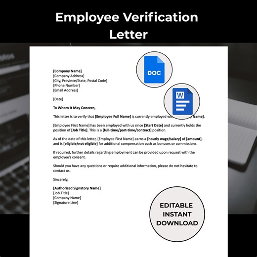 Editable Employment Verification Letter Template, Proof of Employment Letter, Salary Verification, HR Template, Word Google Docs Instant PDF - Etsy