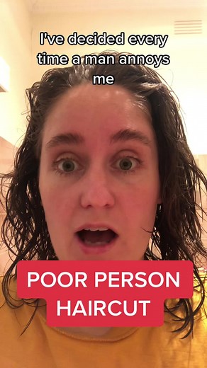 POOR PERSON HAIRCUT ID: white brunette woman cutting shoulder length hair into a bob style. Its touch and go but it looks pretty jazz by the end [end of ID] #poorperson #poorpersonhaircut #homehaircut #icutmyownhair #poorandproud