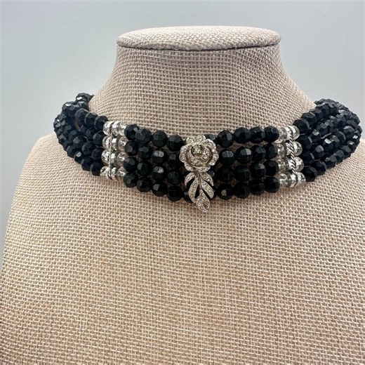 Vintage 50s Triple Stranded Black Faceted Bead Choker Necklace Floral Jewelry - Etsy