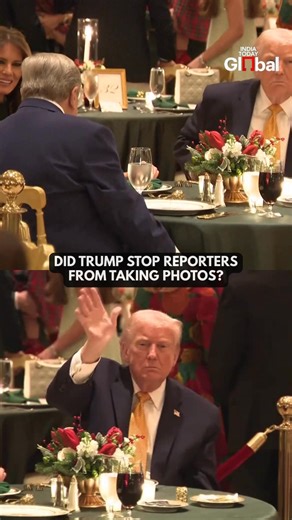 1.3M views · 1.9K reactions | During a Christmas Eve dinner in the ballroom of his Mar-a-Lago club in Palm Beach, US President Donald Trump reacted in a funny way to reporters taking photographs. He waved his hands and made gestures that appeared to signal them to stop. Earlier, he participated in NORAD Santa Tracker phone calls and held a video call with US service personnel around the world. #WhiteHouse #Christmas2025 #Trump #ChristmasDinner #IndiaTodayGlobal | India Today Global | Facebook