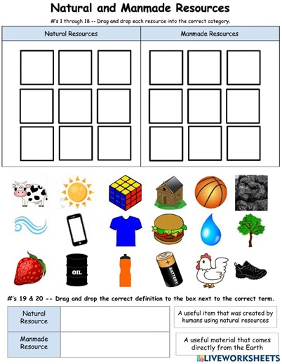 Natural and Manmade Resources Drag and Drop worksheet