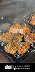 Grilled meat cooking on barbecue grates over open coals. Juicy, golden brown pieces sizzling on the fire with smoke rising classic outdoor BBQ preparation in a rustic setting. High quality 4k footage Stock Video Footage - Alamy