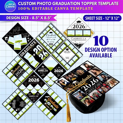 10x Custom Photo Graduation Topper Canva Templates | Class of 2026 Memory Film Photo Strip Cap Topper Designs | Personalized Senior Cap DIY - Etsy