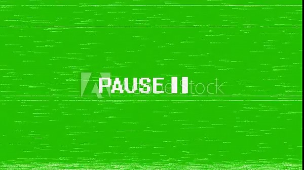 Pause text with a classic double vertical bar symbol centers perfectly against a vivid green backdrop, while scattered white static lines constantly flicker to recreate an old school VCR frozen frame