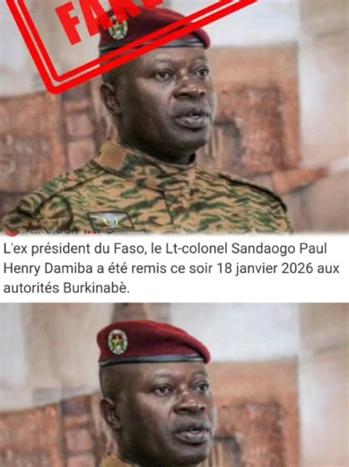 DÉMENTI OFFICIEL 🛑ALERTE FAUSSE INFORMATION🛑 Il est porté à la connaissance du public qu'une FAUSSE publication circule actuellement sur les réseaux sociaux, usurpant l'identité de notre page officielle RTB. X CETTE INFORMATION EST TOTALEMENT FAUSSE Cette capture d'écran falsifiée prétend que la RTB a annoncé l'extradition du Lt-colonel Sandaogo Paul Henry Damiba vers le Burkina Faso ce 18 janvier 2026. #pourtoi #foryou #BurkinaFaso #capitaineibrahimtraoré #ouagadougou