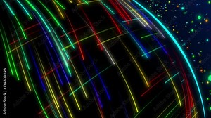 Seamless animation of abstract colorful spectrum light laser beam ray shooting in high speed. Light beam movement in global sphere geometric shape element background texture pattern in 4k loop.