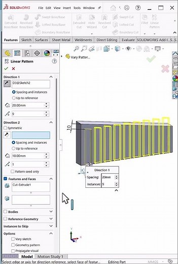 Linear Pattern with Vary Sketch in SolidWorks | Smart Modeling Trick #shorts #caddengineer