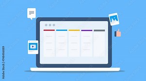 Social media planner and content management software on laptop screen, e-business technology video animation concept.