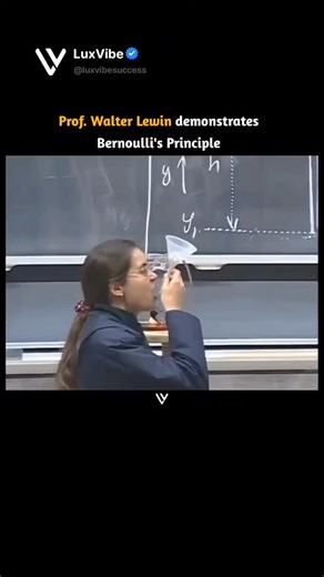 Business|Wealth |Mindset on Instagram: "Prof. Walter Lewin famously demonstrates Bernoulli’s Principle through clear, dramatic classroom experiments that make the physics intuitive. In one well-known demonstration, he shows that when air moves faster, its pressure decreases. By blowing air over a strip of paper, the paper rises instead of falling, surprising many students. Lewin explains that the faster-moving air above the paper has lower pressure than the still air below, creating an upward fo