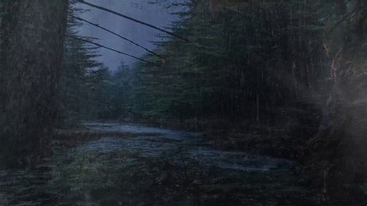 Heavy rain and strong thunder on the stream in the night forest - Beautiful landscape in the rainfor