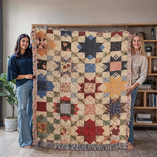 Farmhouse Patchwork Star Pattern Heirloom Woven Tapestry Blanket | Vintage Patchwork Throw - Etsy