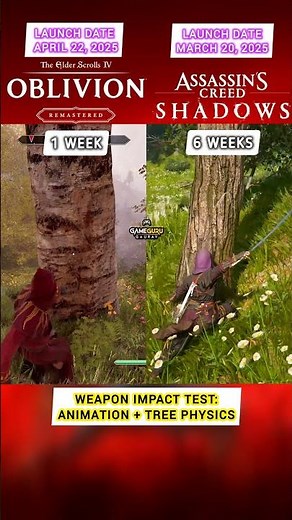 TES4: Oblivion Remastered vs AC Shadows - Weapon Impact Test Animation+ Tree Physics #shorts