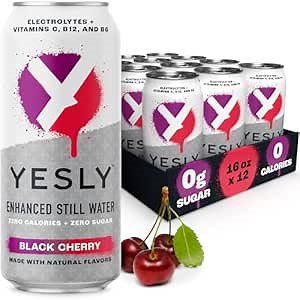 Yesly Functional Water, Black Cherry, Naturally Flavored Still Water with Electrolytes, Magnesium, Potassium, Vitamin C, B6 & B12, Zero Sugar, No Artificial Sweeteners, 16 Fl Oz Cans, 12 Pack