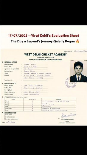 17/07/2002 -Virat Kohli's Evaluation Sheet🔥#viratkohli #kingkohli #viratkohlifans #viratkohlistatus