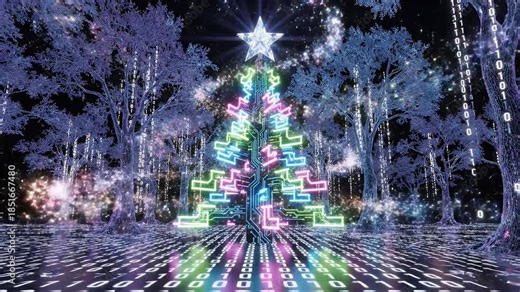 Digital Christmas Tree Forest - A digital Christmas scene featuring a Christmas tree formed by circuit boards, and surrounded by trees with binary code falling from their branches, stands on a