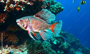 Spotfin Lionfish Pterois antennata Perching on Colorful Reef Wall