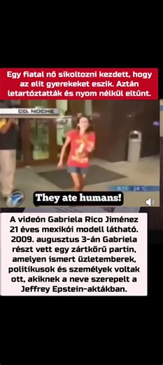 A videón Gabriela Rico Jiménez 21 éves mexikói modell látható a Fiesta Inn előtt Monterreyben, Mexikóban, 2009. augusztus 3-án. Gabriela részt vett egy zártkörű partin a hotelben, egy elit modellező rendezvényen, amely ismert üzletembereket, politikusokat és személyeket hozott össze, akiknek a neve szerepelt a Jeffrey Epstein-aktákban - a világiak kedvelt összes figurája. A fiatal nő sikoltozni kezdett, hogy gyerekeket esznek. Aztán letartóztatták és nyom nélkül eltűnt. Ugyanazon az éjszakán tűn