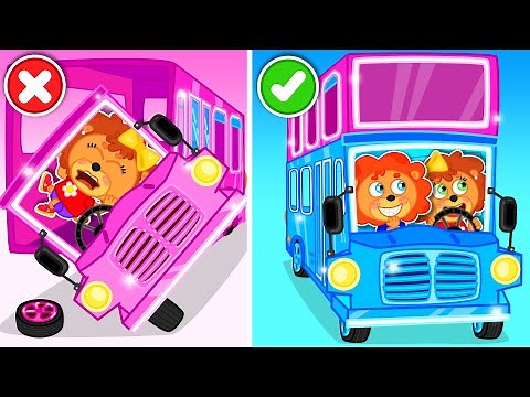 Lion Family | Pink and Blue Double Decker School Bus - Let's Play Together | Cartoon for Kids