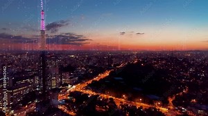 Digital transformation. Data processing. Data security. Futuristic night scape in downtown city with futuristic digital transformation animated graph. Innovation. Cyber security. Cloud computing.