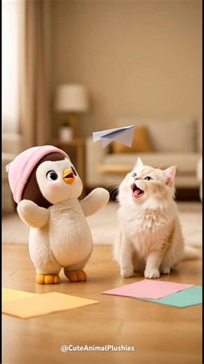 Penguin’s paper plane makes kitty SLIP! 😂❄️✈️ペンギンの紙飛行機で子猫がズルッ！😂❄️✈️#shorts #viral